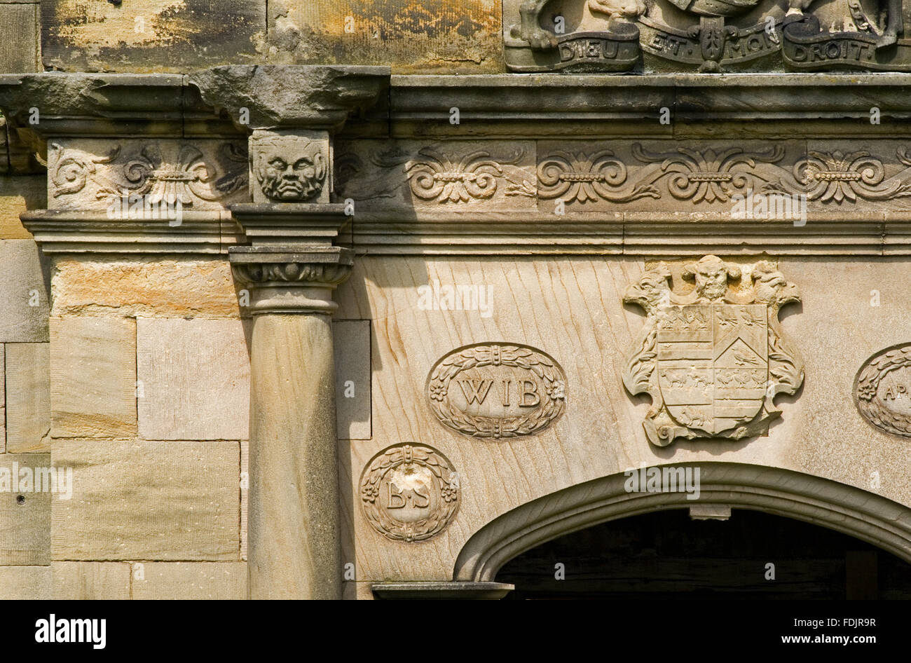 Close view of architectural detail on the facade of Gibside Hall, Newcastle upon Tyne. The house was built between 1603 and 1620, with alterations in both the 18th and 19th centuries. Stock Photo