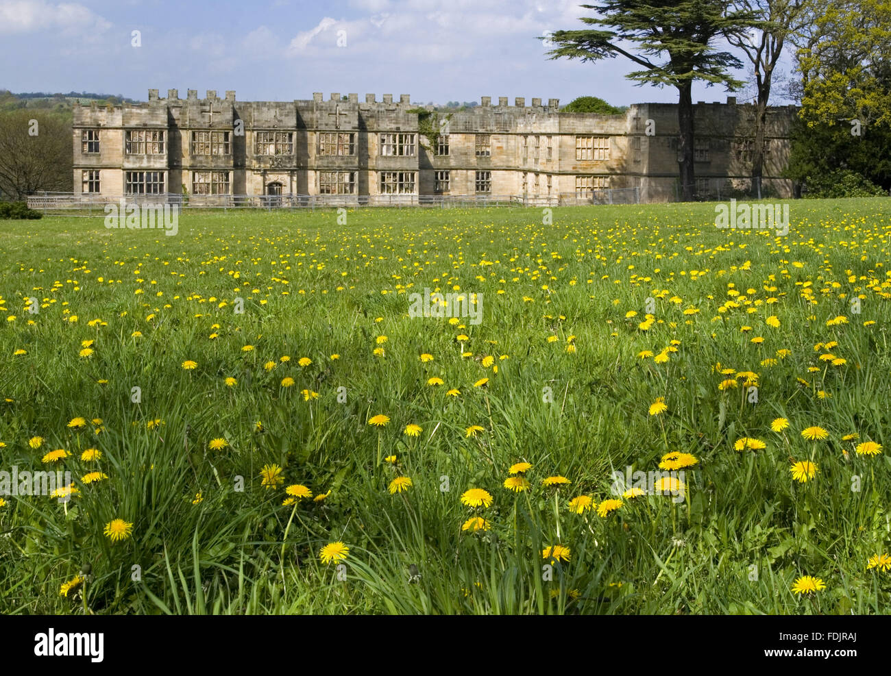 View across a wildflower meadow towards the Hall built between 1603 and 1620, with alterations in both the 18th and 19th centuries, at Gibside, Newcastle upon Tyne. George Bowes inherited the estate in 1722 and landscaped the grounds around Gibside Hall. Stock Photo