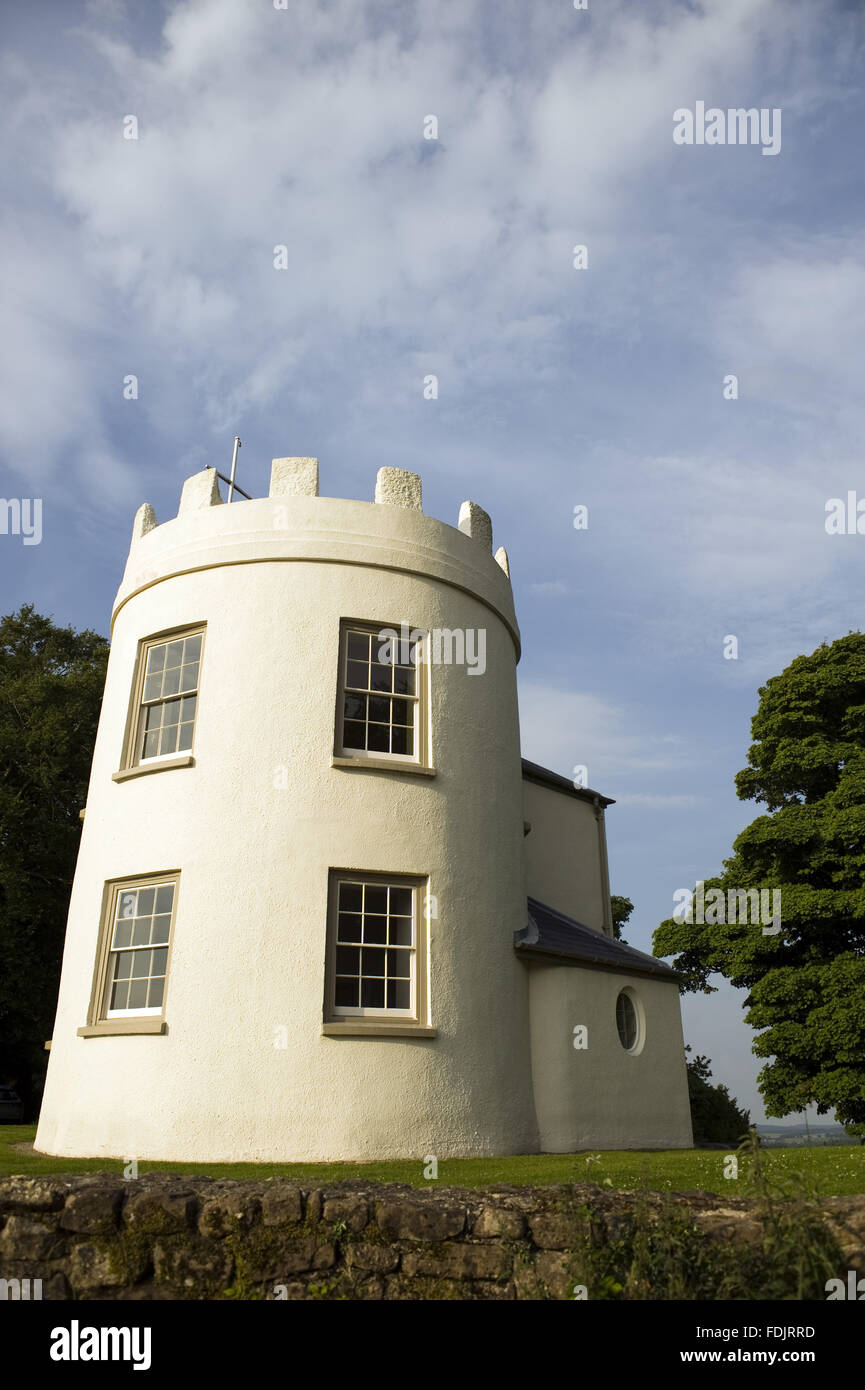 The two-storey, circular, castellated Georgian banqueting house at the Kymin, Monmouthshire, Wales. The tower known as The Round House was built by a dining club in 1794. Stock Photo