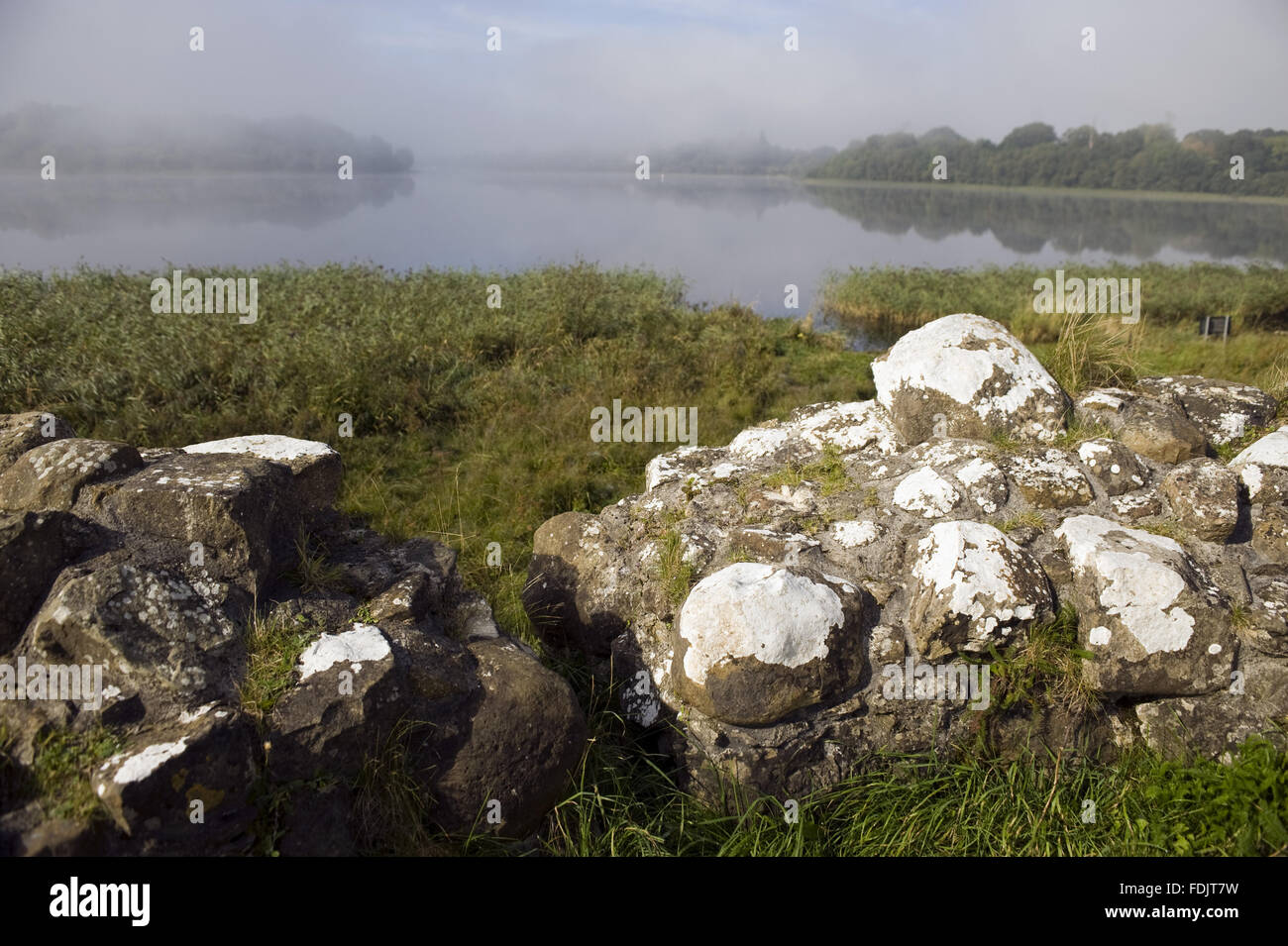 Ruined walls of the old tower-house on the shore of Lough Erne at Crom, Co. Fermanagh, Northern Ireland. Stock Photo