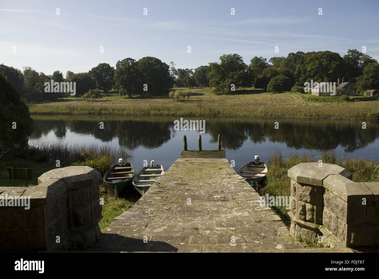 The view down the slipway of the boathouse on Lough Erne at Crom, Co. Fermanagh, Northern Ireland. Stock Photo