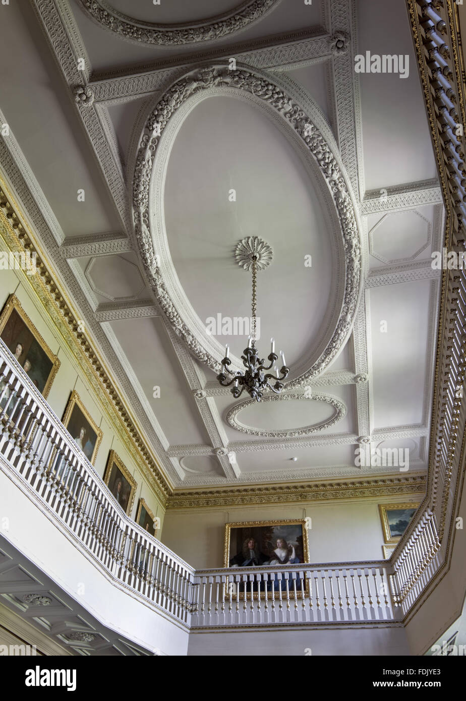 The plasterwork ceiling of the Great Hall and Gallery at Ham House, Richmond-upon-Thames. The ceiling is coffered and in Italianate style and was by plasterer Joseph Kinsman. Stock Photo