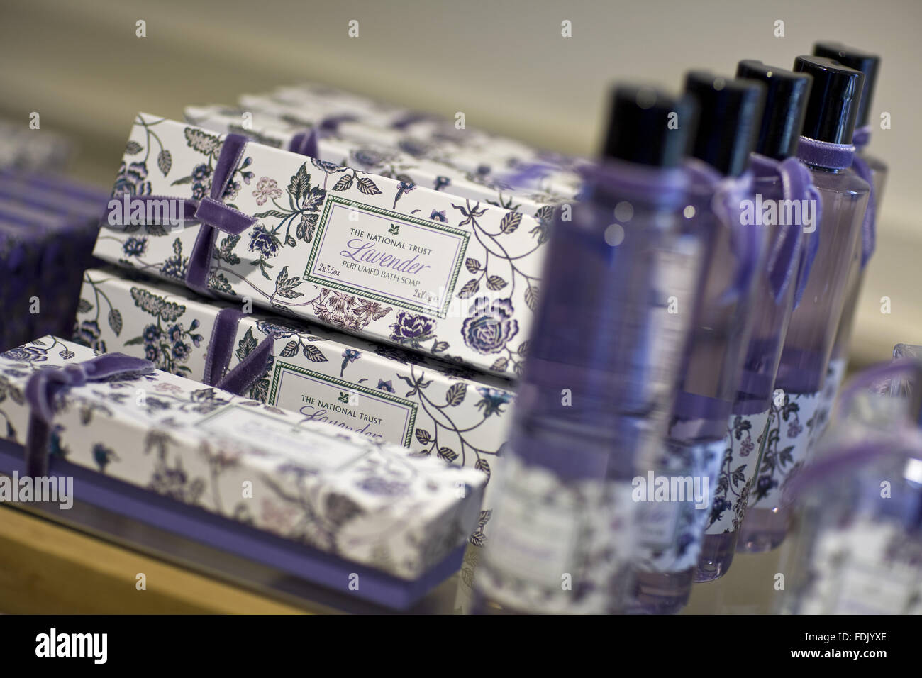 Lavender products on sale in The National Trust shop at Polesden Lacey, Surrey. Stock Photo