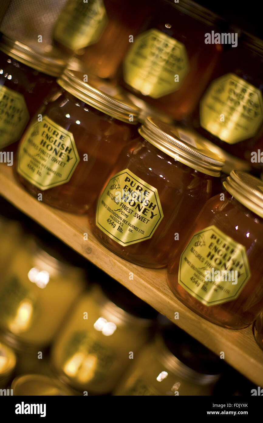 Jars of honey in the Farm Shop at Polesden Lacey, Surrey. Stock Photo