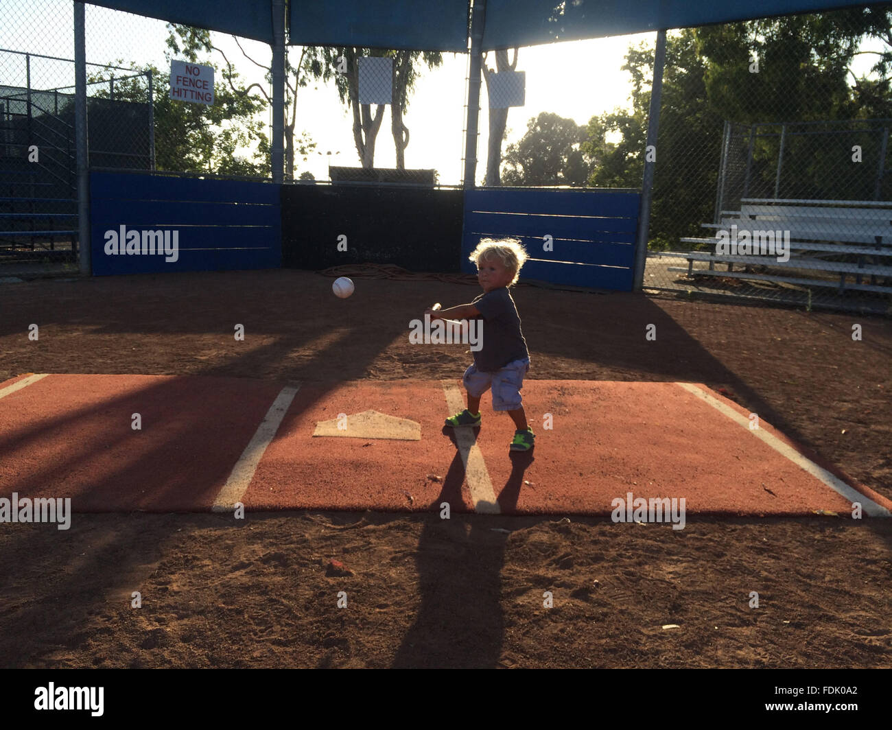 Boy playing baseball in park Stock Photo
