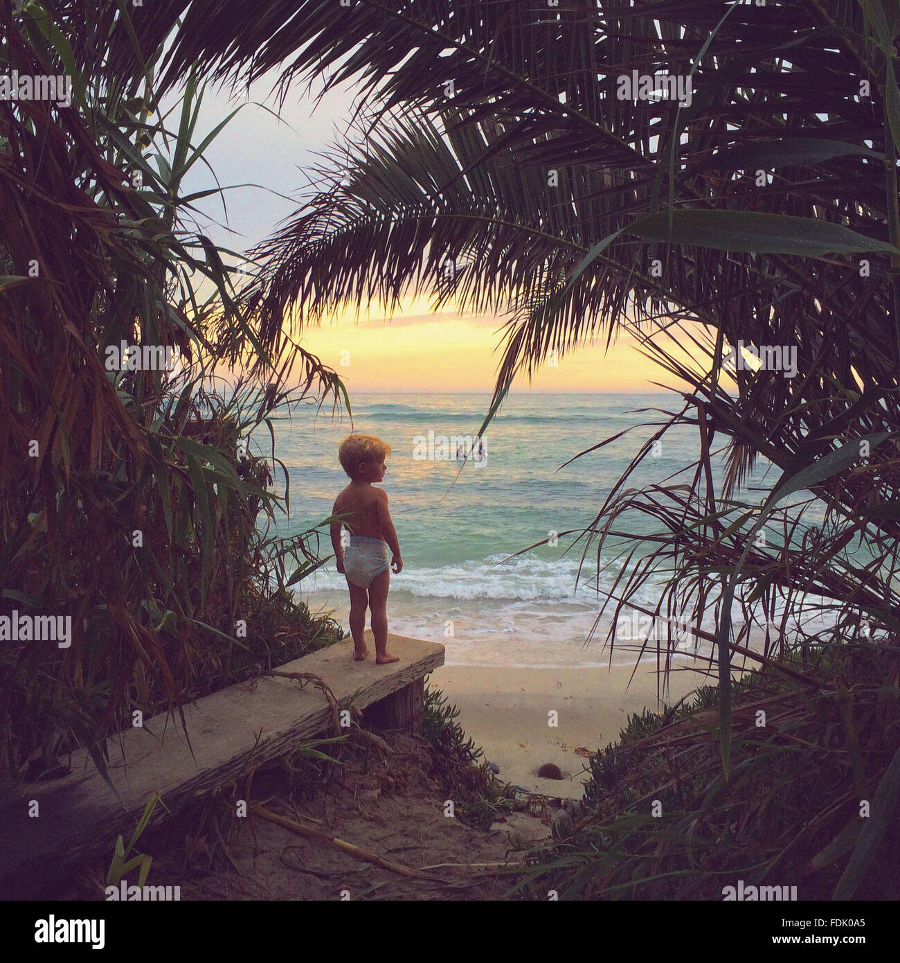 Boy standing on wall looking at beach Stock Photo