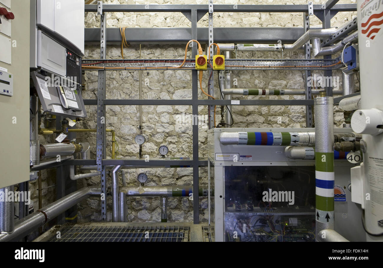 Microgeneration plant using geo-thermal heat pumps at Brancaster Millennium Activity Centre, Norfolk. Stock Photo