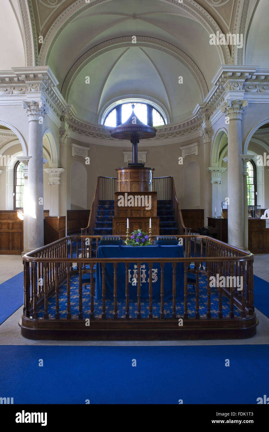 Inside the Palladian Chapel, begun in 1760 to the design of James Paine, at Gibside, Newcastle upon Tyne. The interior was not completed until 1812. The mahogany pulpit is an unusual three-tier design with a sounding board shaped like an opened umbrella. Stock Photo