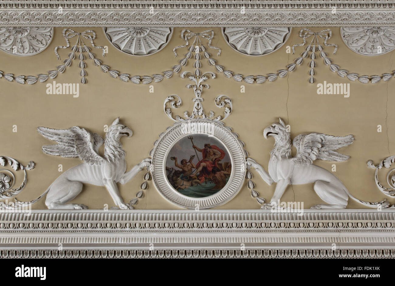 Part of the plasterwork ceiling in the Saloon at Saltram, Devon. Robert Adam designed the ceiling and the plasterwork is attributed to Joseph Rose. Stock Photo