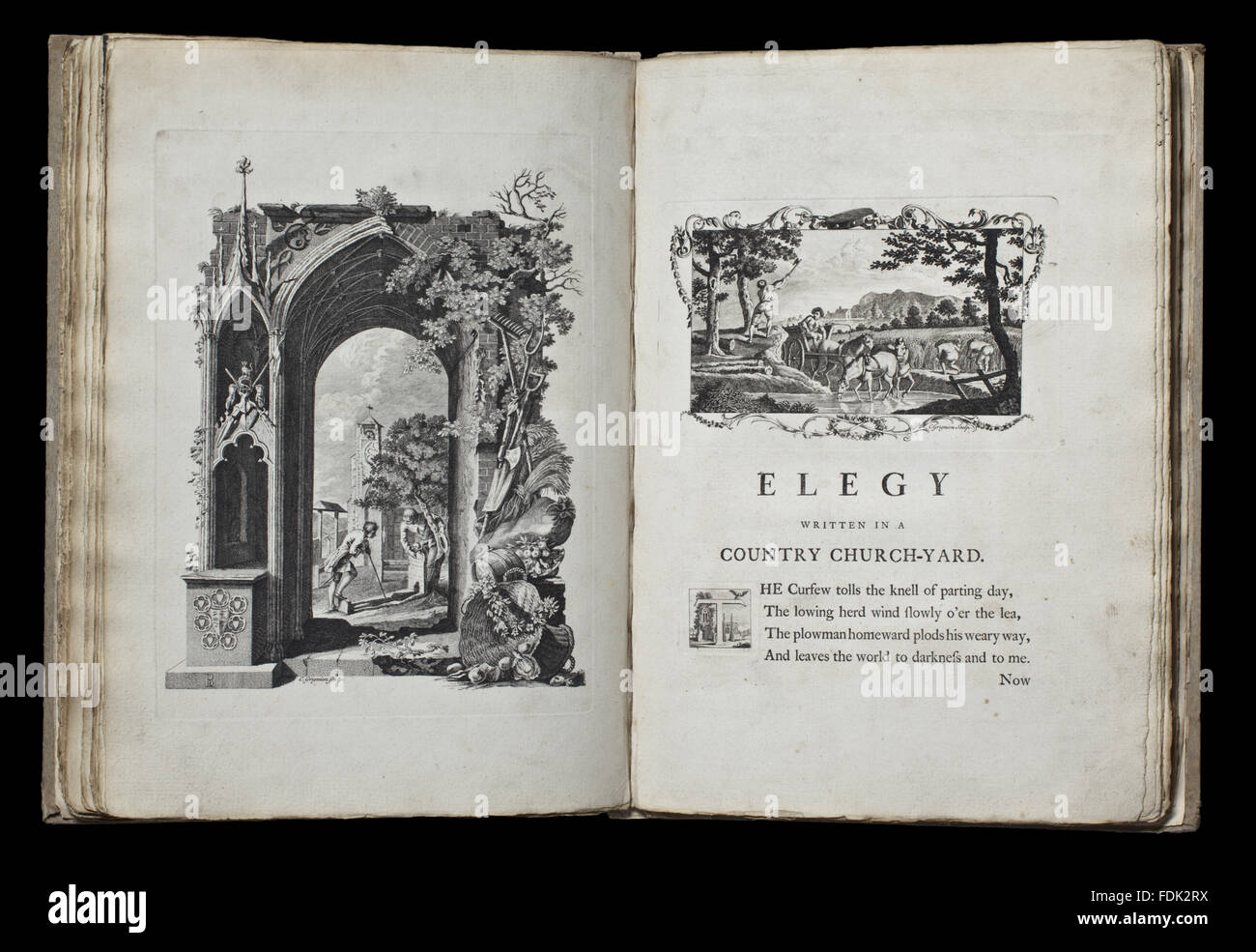 Designs by Mr R. Bentley for Six Poems by Mr T. Gray (London, 1766), Gray's elegy opening, part of the library collection at Anglesey Abbey, Cambridgeshire. 12.J.23 Stock Photo