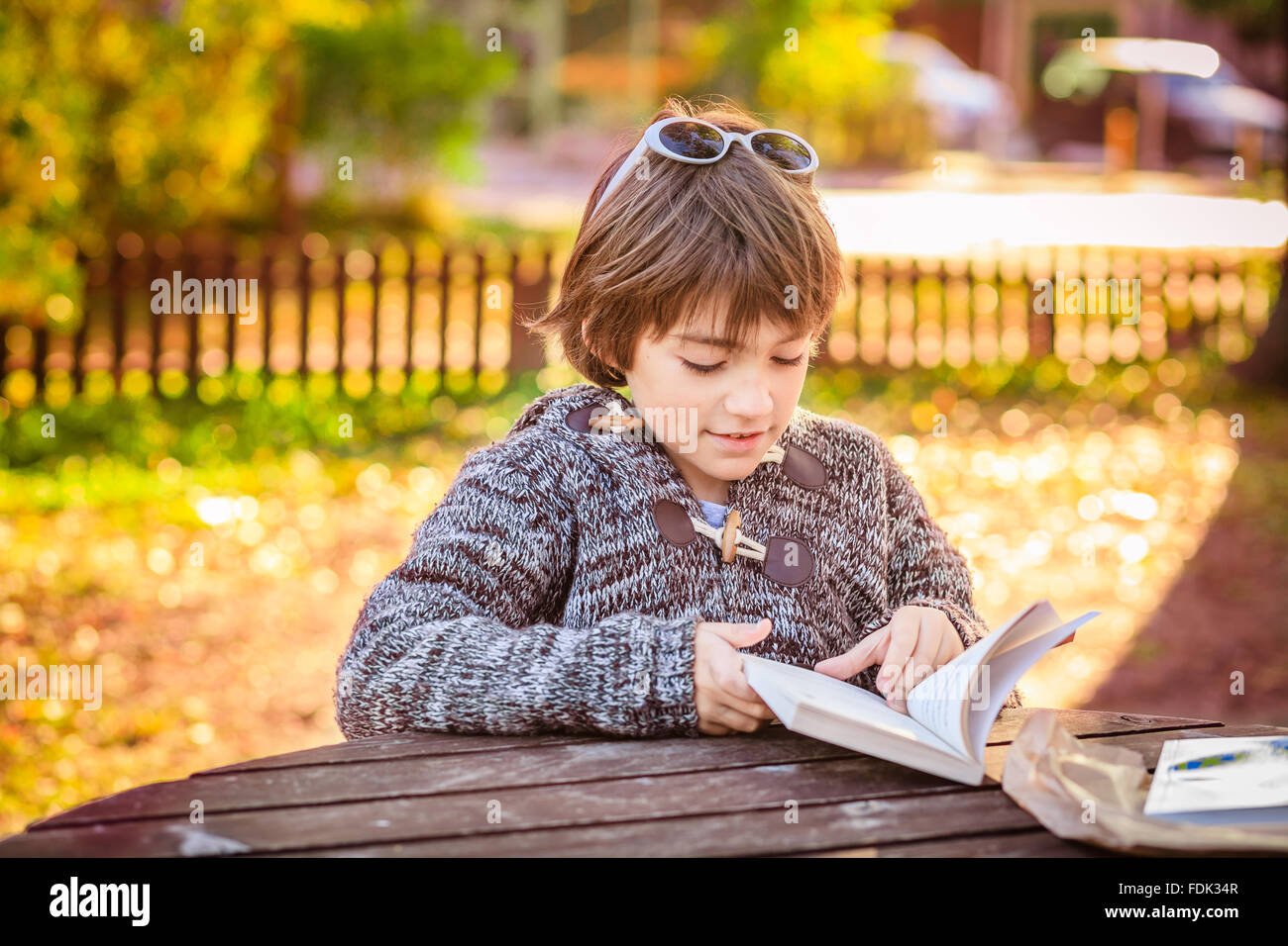 Boy reading a book in the park Stock Photo