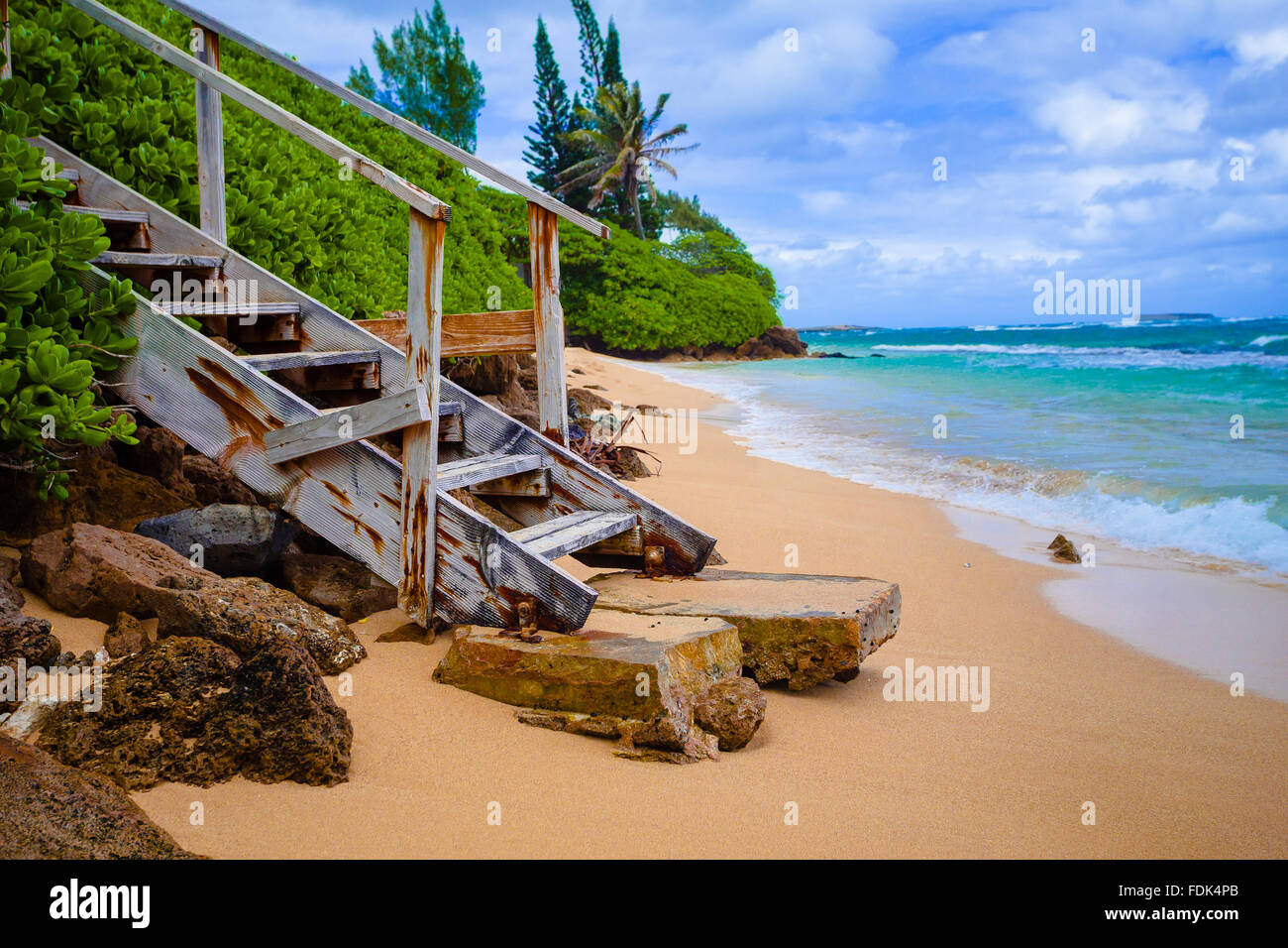 Wooden steps onto beach, North Shore, Oahu, Hawaii, United States Stock