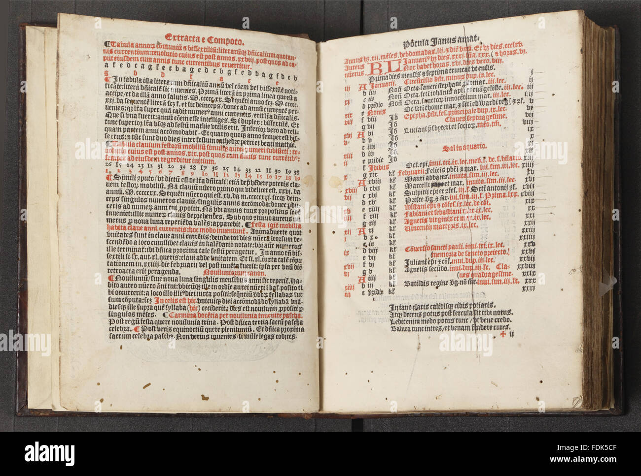 The only copy known to survive of this 1487 Missal, which has been at Lyme since at least the sixteenth century.It was printed in red & black by William Caxton: leaf G6v has probably the earliest occurrence of his famous device (cf. W. Blades, William Cax Stock Photo