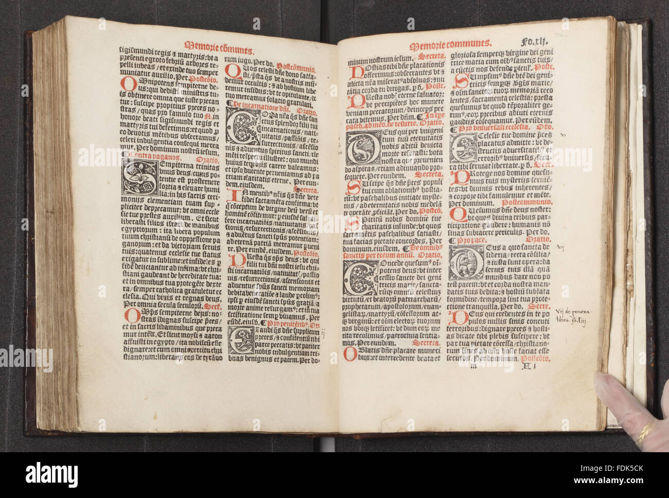 The only copy known to survive of this 1487 Missal, which has been at Lyme since at least the sixteenth century.It was printed in red & black by William Caxton: leaf G6v has probably the earliest occurrence of his famous device (cf. W. Blades, William Cax Stock Photo