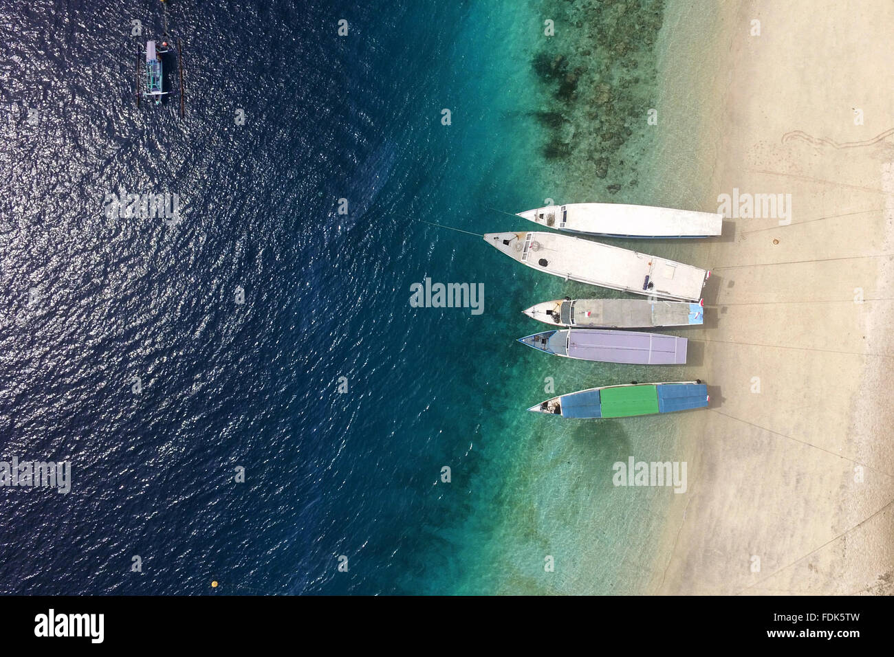 Aerial view of boats on beach, Gili Trawangan, Lombok, Indonesia Stock Photo