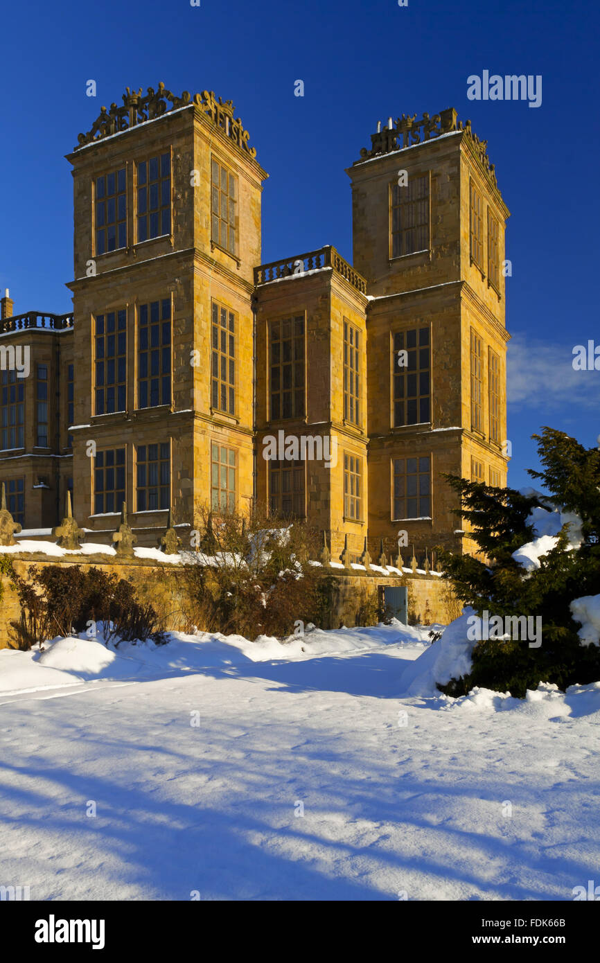 Hardwick Hall, Derbyshire, in the snow. Stock Photo