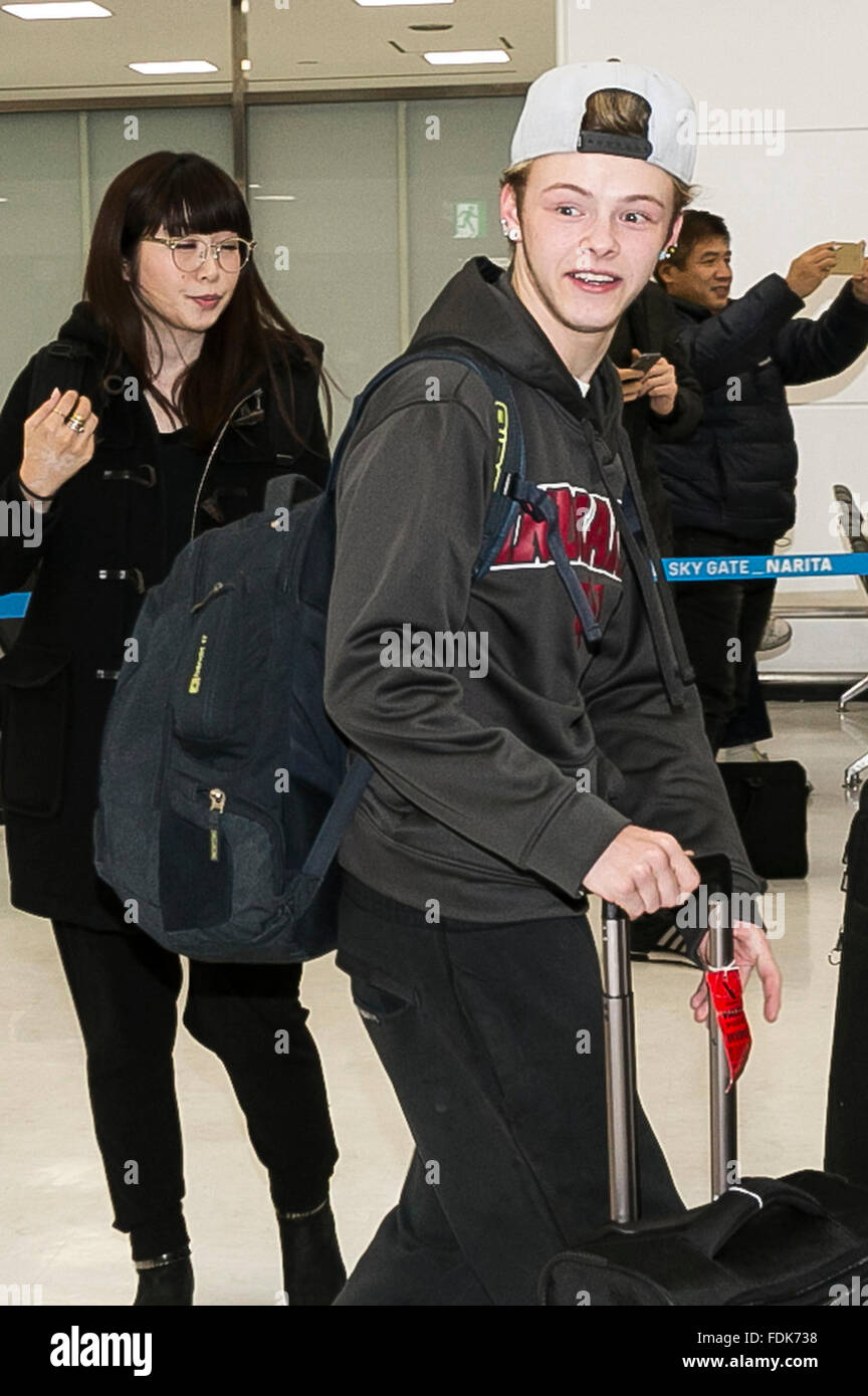 Nate Parker of The Tide arrives at Narita International Airport on February 1, 2016, Narita, Japan. The American pop rock band came to Japan to perform as an opening act for The Vamps whose concert will be held on Feb 3 in Tokyo. (Photo by Rodrigo Reyes Marin/AFLO) Stock Photo