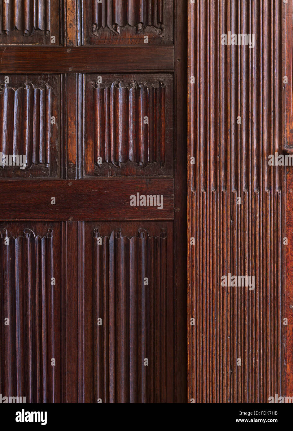 Close view of the linenfold panelling in the Linenfold Parlour at Sutton House, Hackney, London. Stock Photo