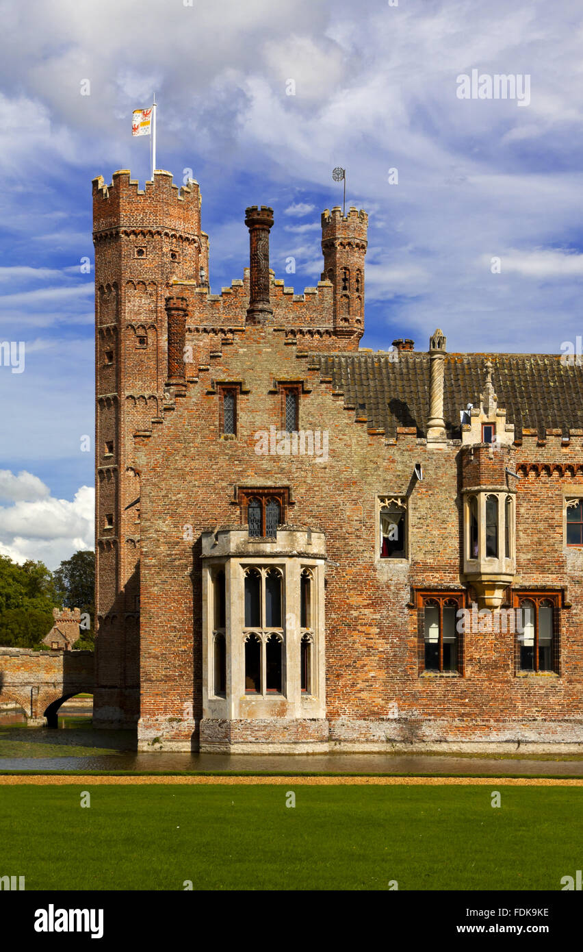 The west range at Oxburgh Hall, Norfolk. The projecting ground-floor window is that of the Small Dining Room and was added in the mid-nineteenth century. Stock Photo
