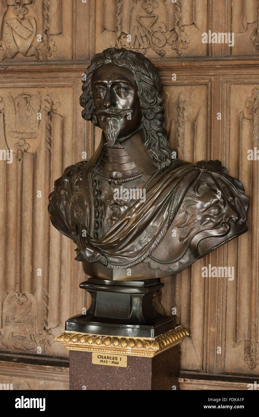 Bronze bust of Charles I in The Oak Gallery, The Vyne, Hampshire. The bust is English, c.1840-5. Stock Photo