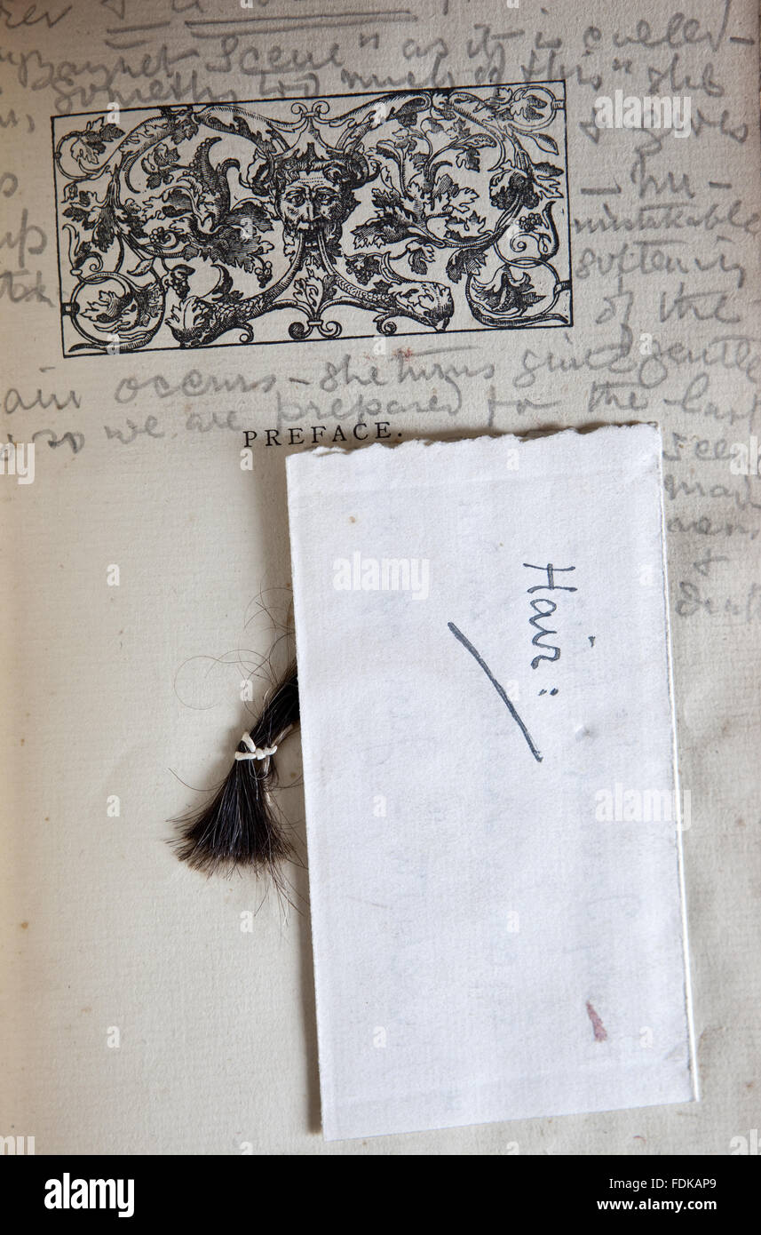 A lock of Henry Irving's hair inserted into the preface in Ellen Terry's annotated version of William Shakespeare, Macbeth, a Tragedy: as Arranged for the Stage by Henry Irving and Presented at the Lyceum Theatre (London, 1888), at Smallhythe Place, Kent. Stock Photo