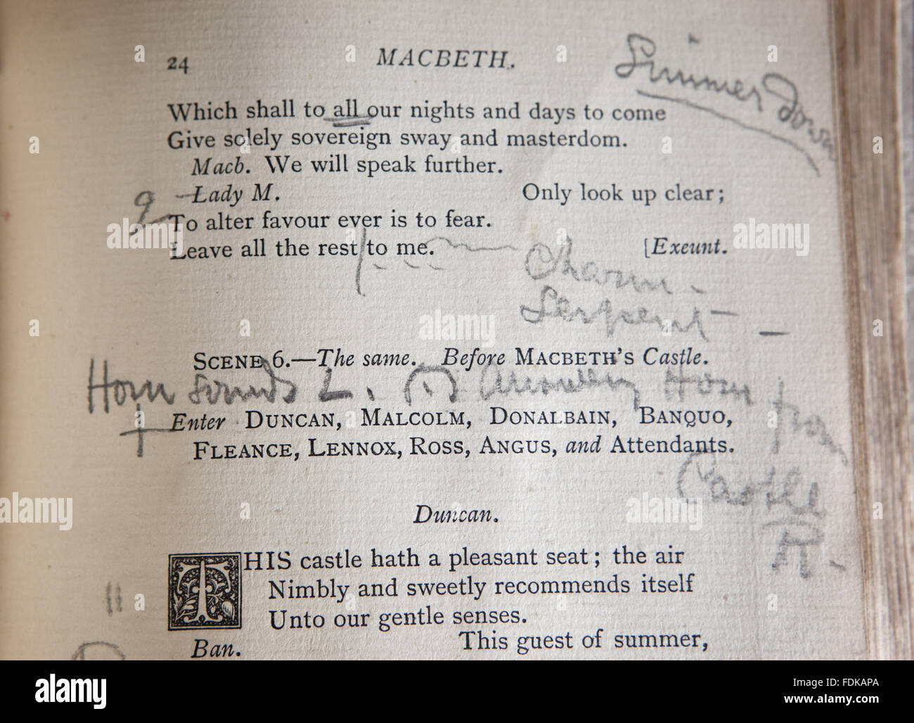 Detail of William Shakespeare, Macbeth, a Tragedy: as Arranged for the Stage by Henry Irving and Presented at the Lyceum Theatre (London, 1888), marked by Ellen Terry, at Smallhythe Place, Kent. Stock Photo