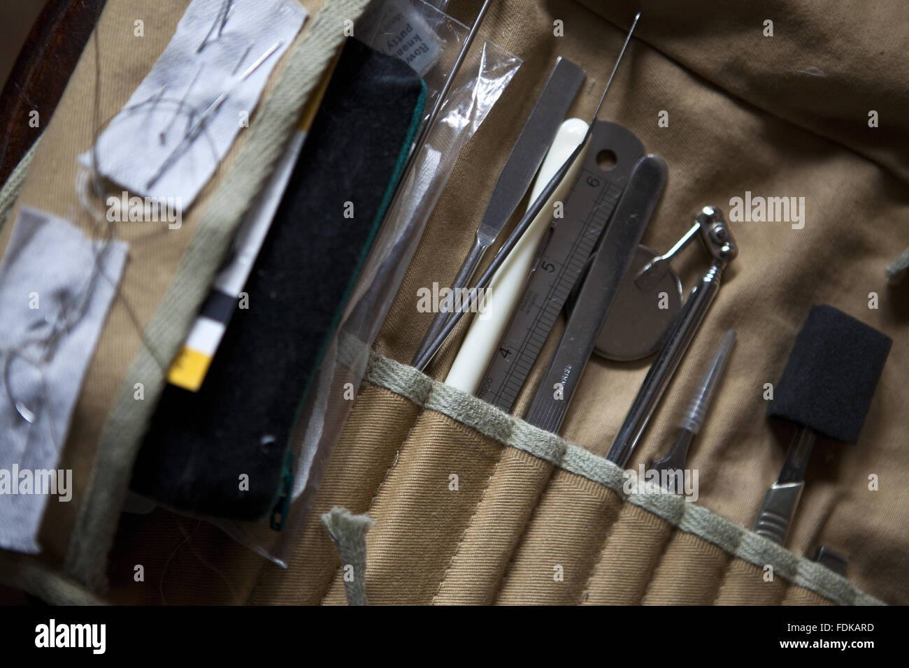 Tools and equipment used by dress conservators at Smallhythe Place, Kent. Stock Photo