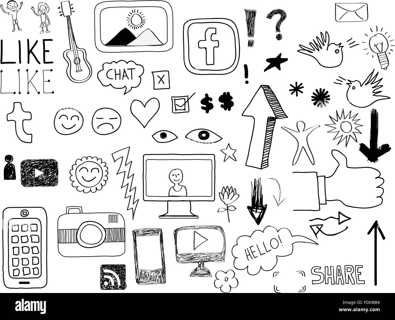 A Set of Hand-drawn Social Media Doodles (Vector) Stock Vector