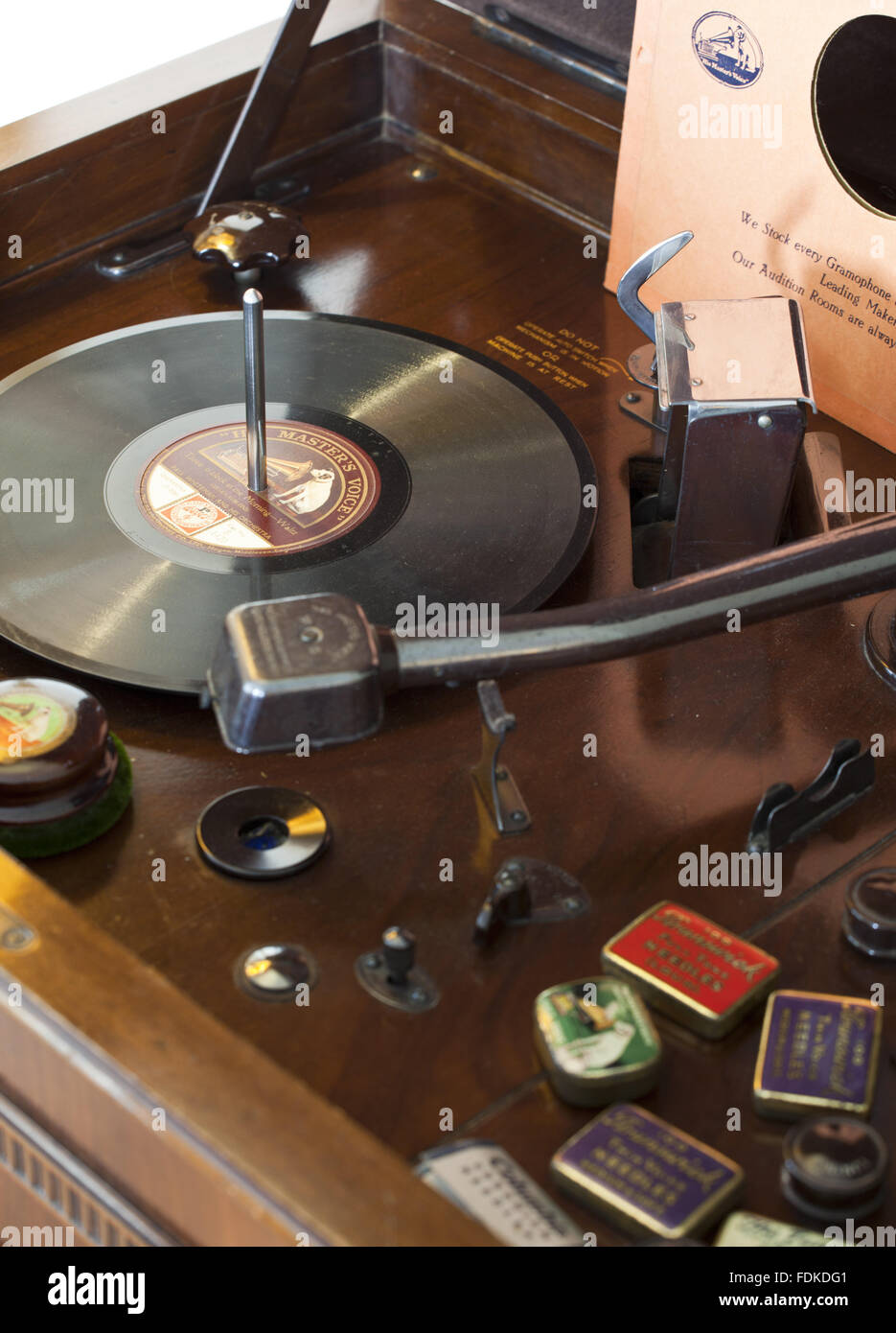 Gramophone player at Nuffield Place, Oxfordshire. The house was designed and built in 1914, and was the home of William Morris, Lord Nuffield, motor manufacturer, from 1933 until his death in 1963. Stock Photo