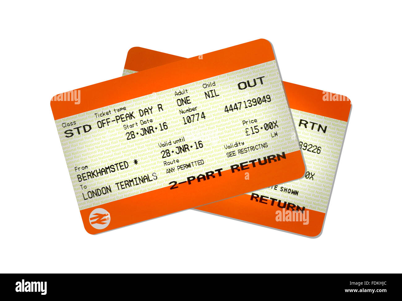 A pair of train tickets, outward and return journey. Stock Photo