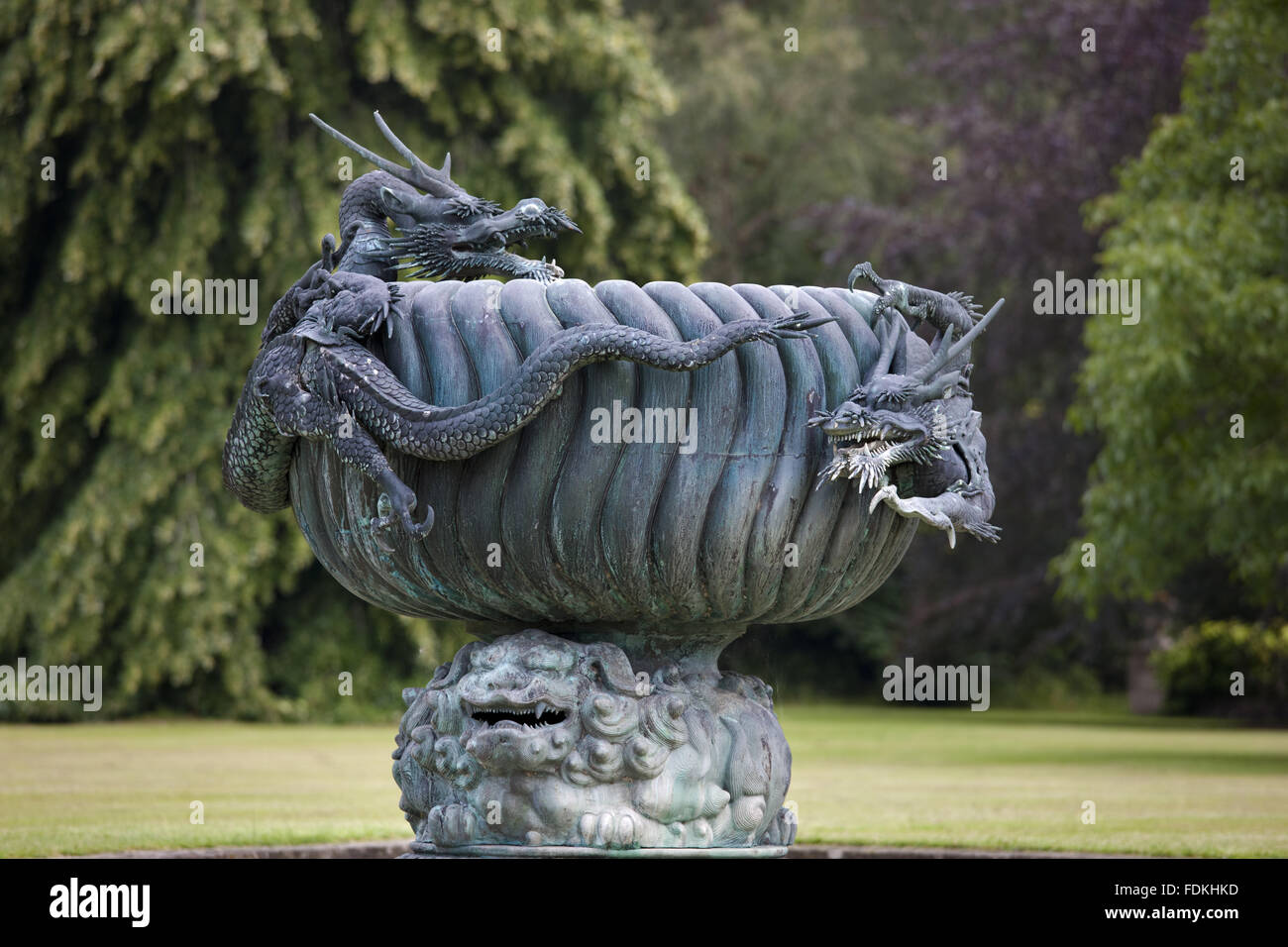Bronze dragon fountain in the longitudinal canal on the Great Lawn at Dyffryn Gardens, Vale of