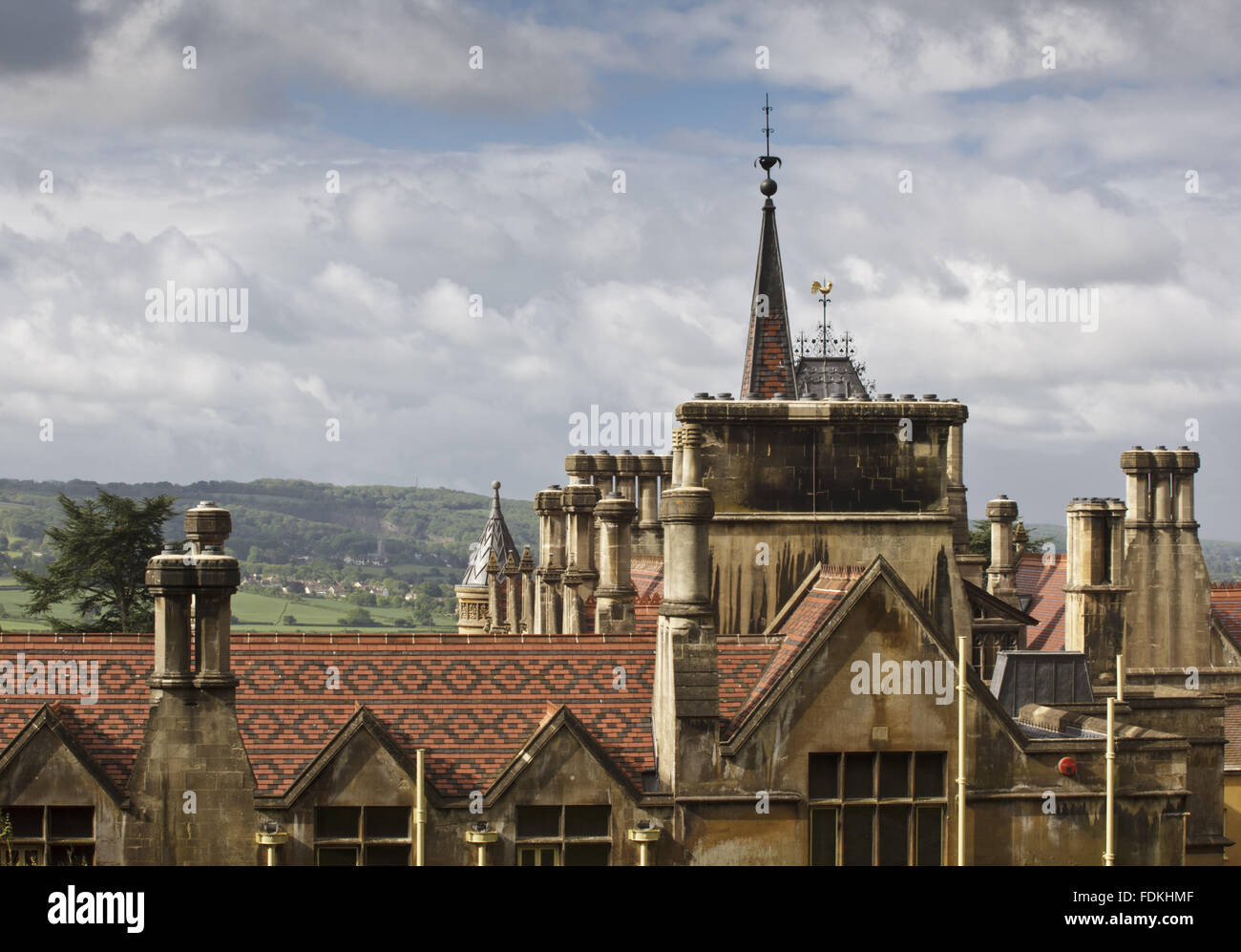 View looking down from the driveway, of Turrets and Gothic roofscapes at Tyntesfield, North Somerset Stock Photo