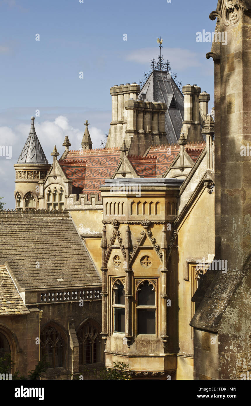 View looking down from the driveway, of Turrets and Gothic roofscapes at Tyntesfield, North Somerset Stock Photo