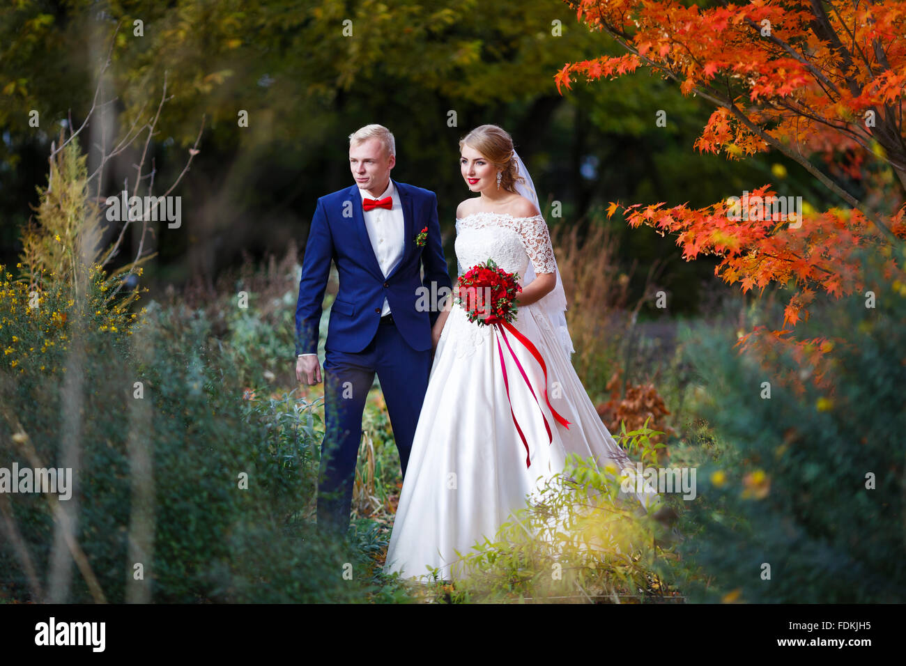 Wedding couple walking in the autumn forest Stock Photo