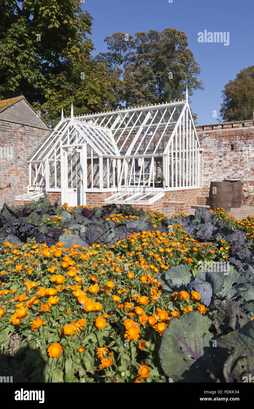 The glasshouse in the recreated Victorian kitchen garden at Avebury Manor, Wiltshire Stock Photo