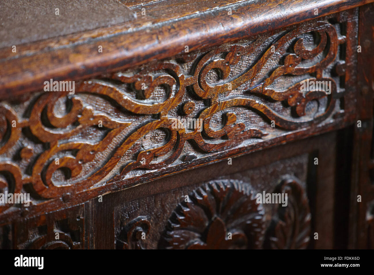 Close view of wood carving detail at Moseley Old Hall, Staffordshire. Stock Photo