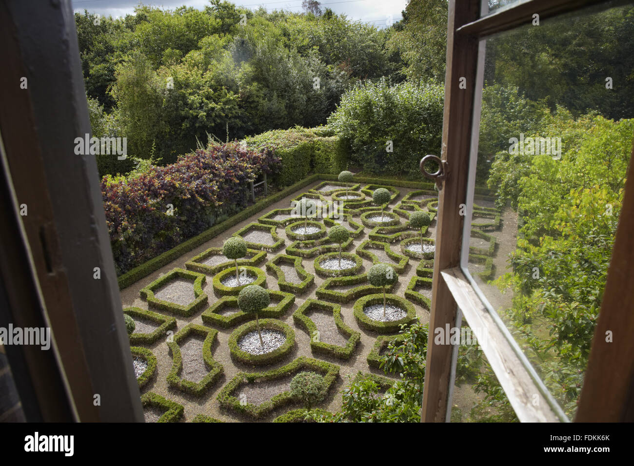 The Knot Garden seen from an upper window at Moseley Old Hall, Staffordshire. Stock Photo