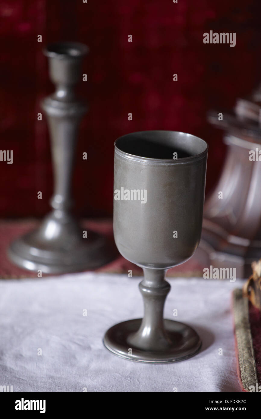 Nineteenth-century pewter chalice in the Chapel at Moseley Old Hall, Staffordshire. Inventory number: 477336 Stock Photo