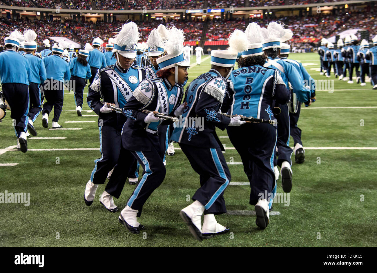 Atlanta, GA, USA. 30th Jan, 2016. The Jackson State Sonic Boom of the South marching band performs at the 2016 Honda Battle of the Bands. The HBOB is an annual invitational showcase of Historically Black College and University marching bands. © Brian Cahn/ZUMA Wire/Alamy Live News Stock Photo