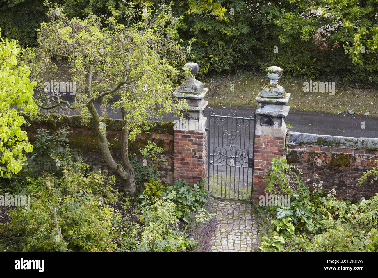 The garden gate and walls seen from an upper window at Moseley Old Hall, Staffordshire. Stock Photo