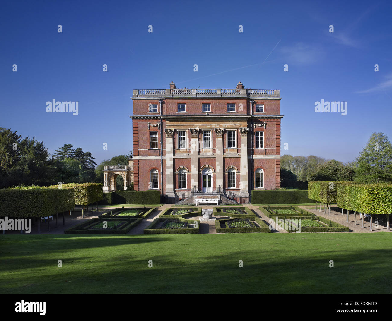 South front and formal garden at Clandon Park, Surrey. The house was built between 1724 and 1729