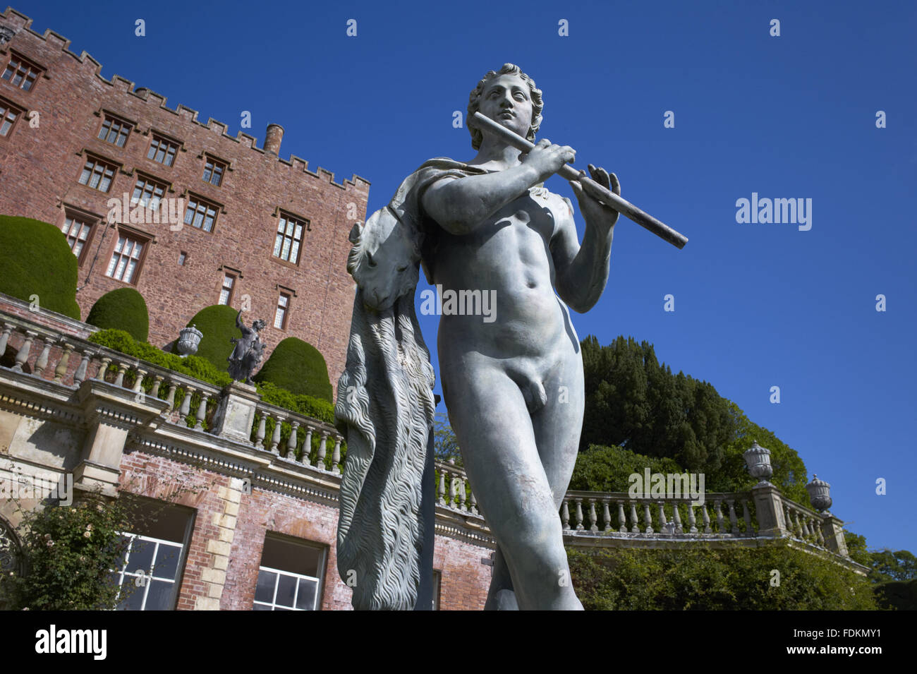C18th lead statue of a shepherd by John Van Nost on the Orangery terrace at Powis Castle and Garden, Powys. Stock Photo