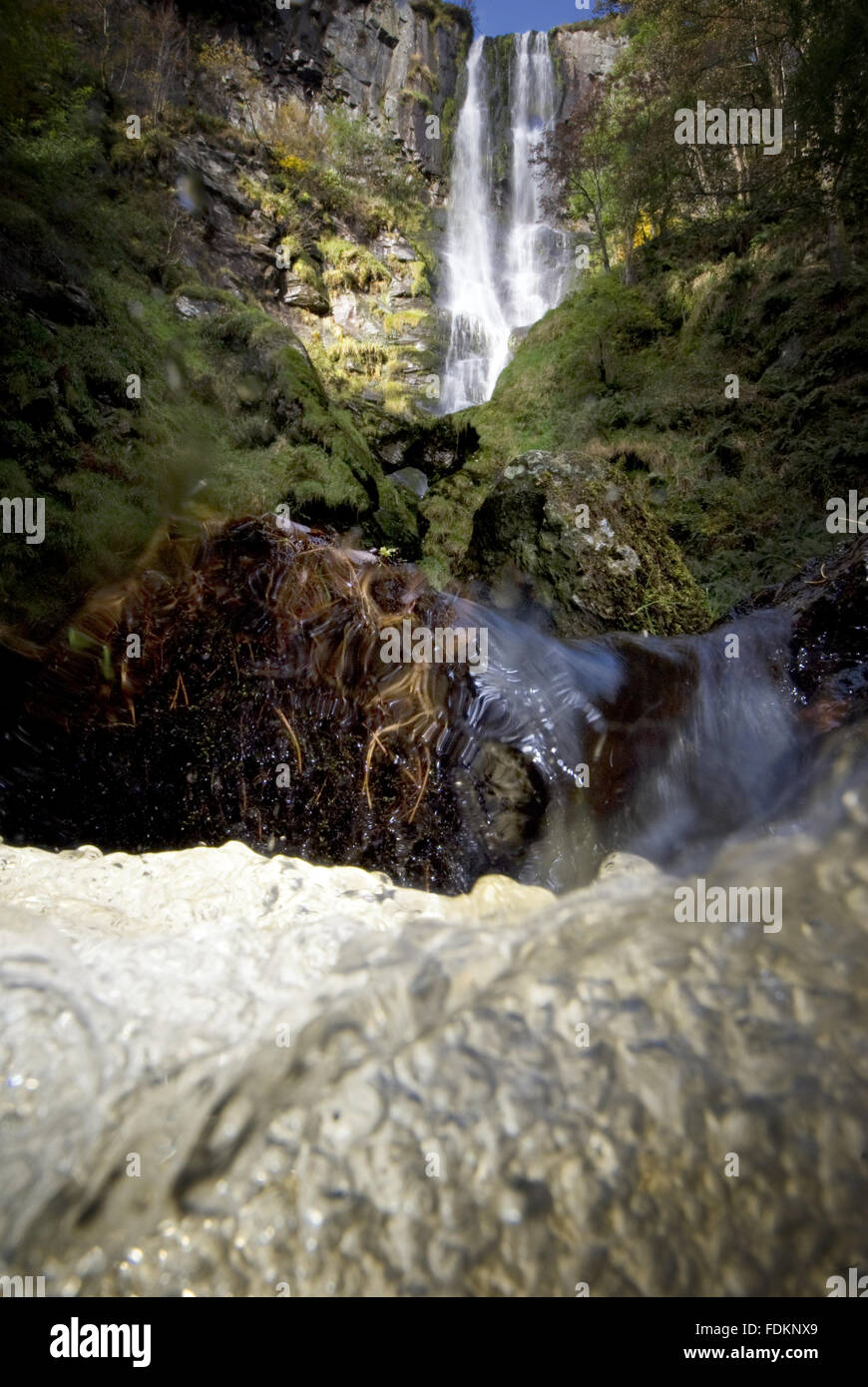 A split-level image of Pistyll Rhaeadr waterfall, Berwyn Mountains, Wales, in October. Stock Photo