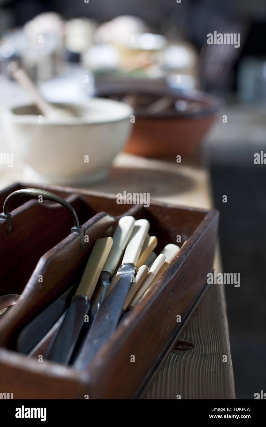 Knives in a cutlery tray in the Great Kitchen at Tredegar House, Newport, South wales. Stock Photo