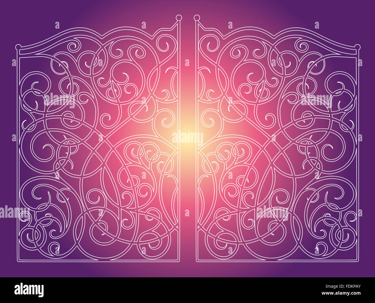 Beautiful iron ornament gates on purple pink background Stock Photo