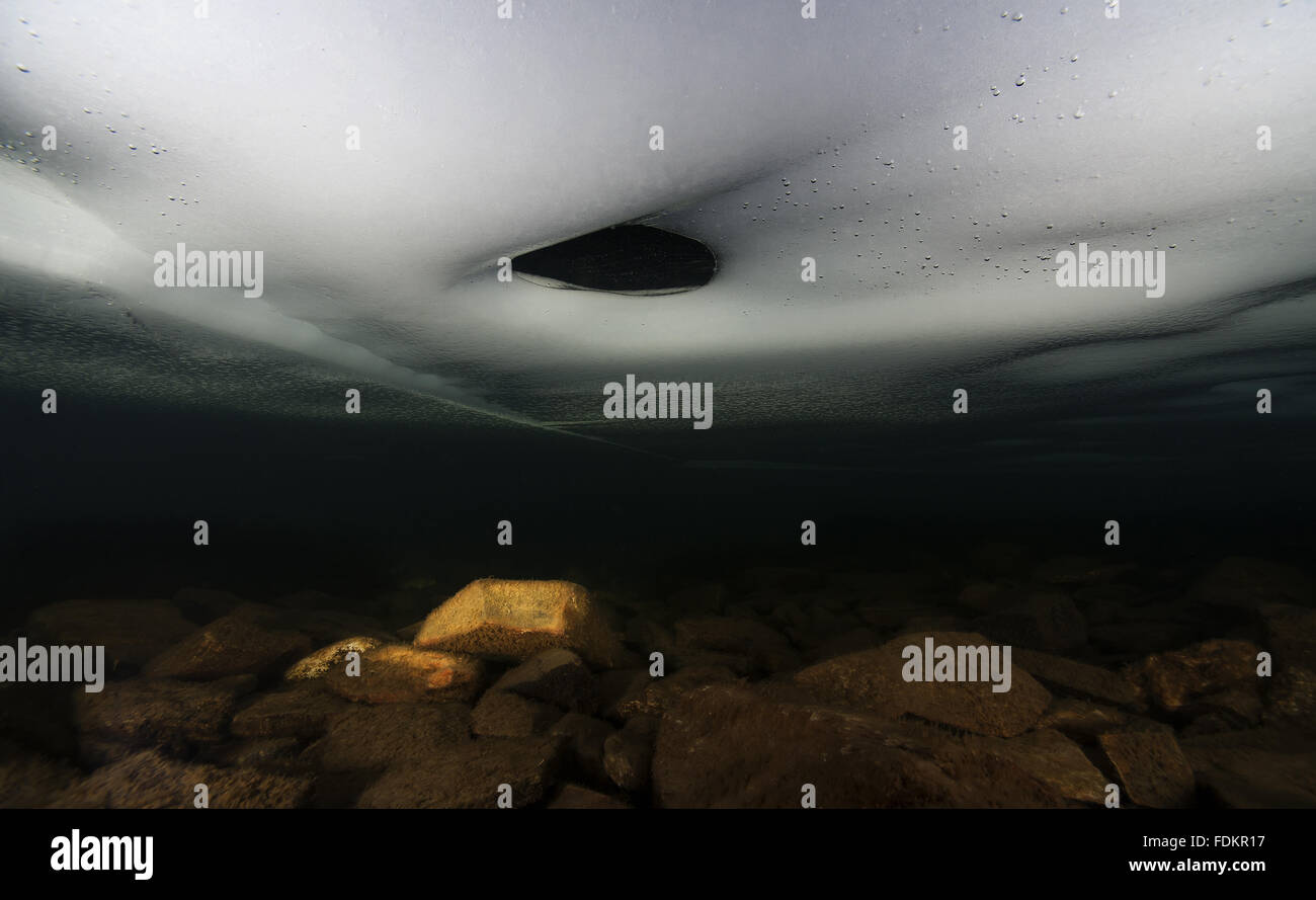 Underwater landscape in a mountain lake with ice, Llyn Idwal, Snowdonia