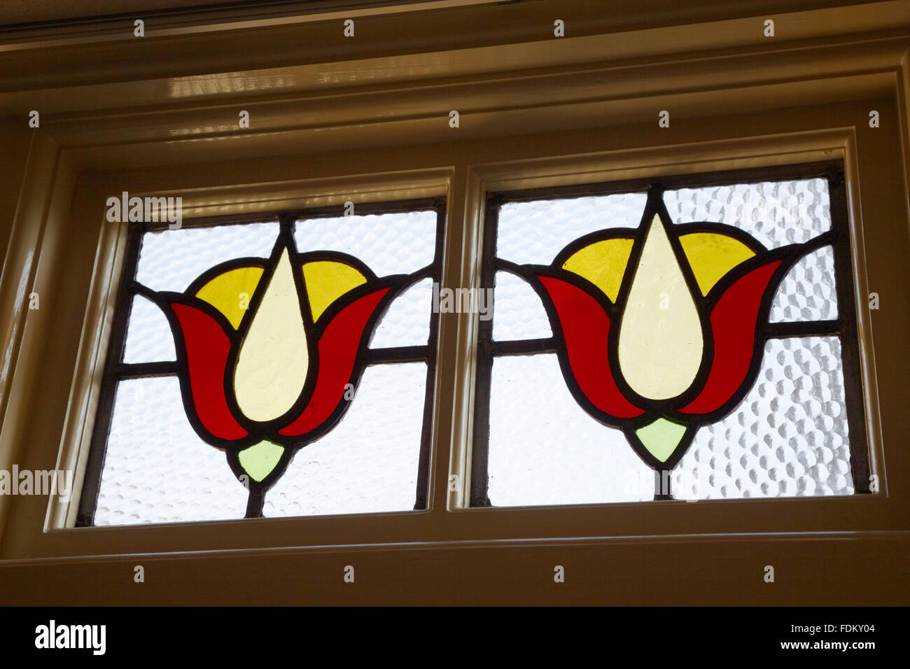 Detail of the 1930s stained glass at Mendips, the childhood home of John Lennon, in Woolton, Liverpool. Stock Photo
