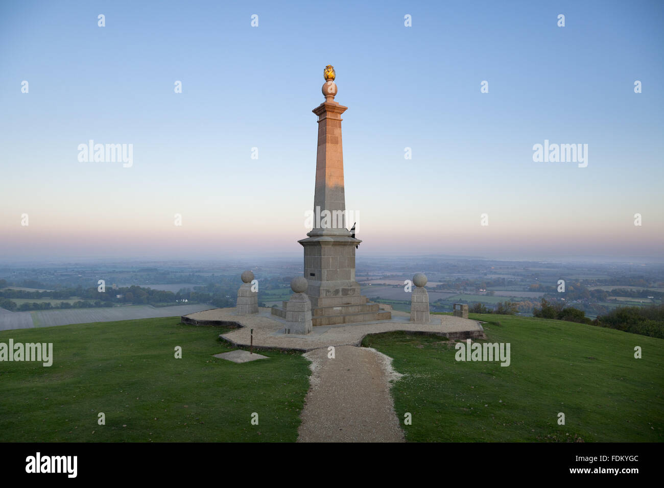 Boer War monument (not National Trust) and view north from Coombe Hill, Buckinghamshire, at dawn in September. The monument is owned by Buckinghamshire County Council. Stock Photo