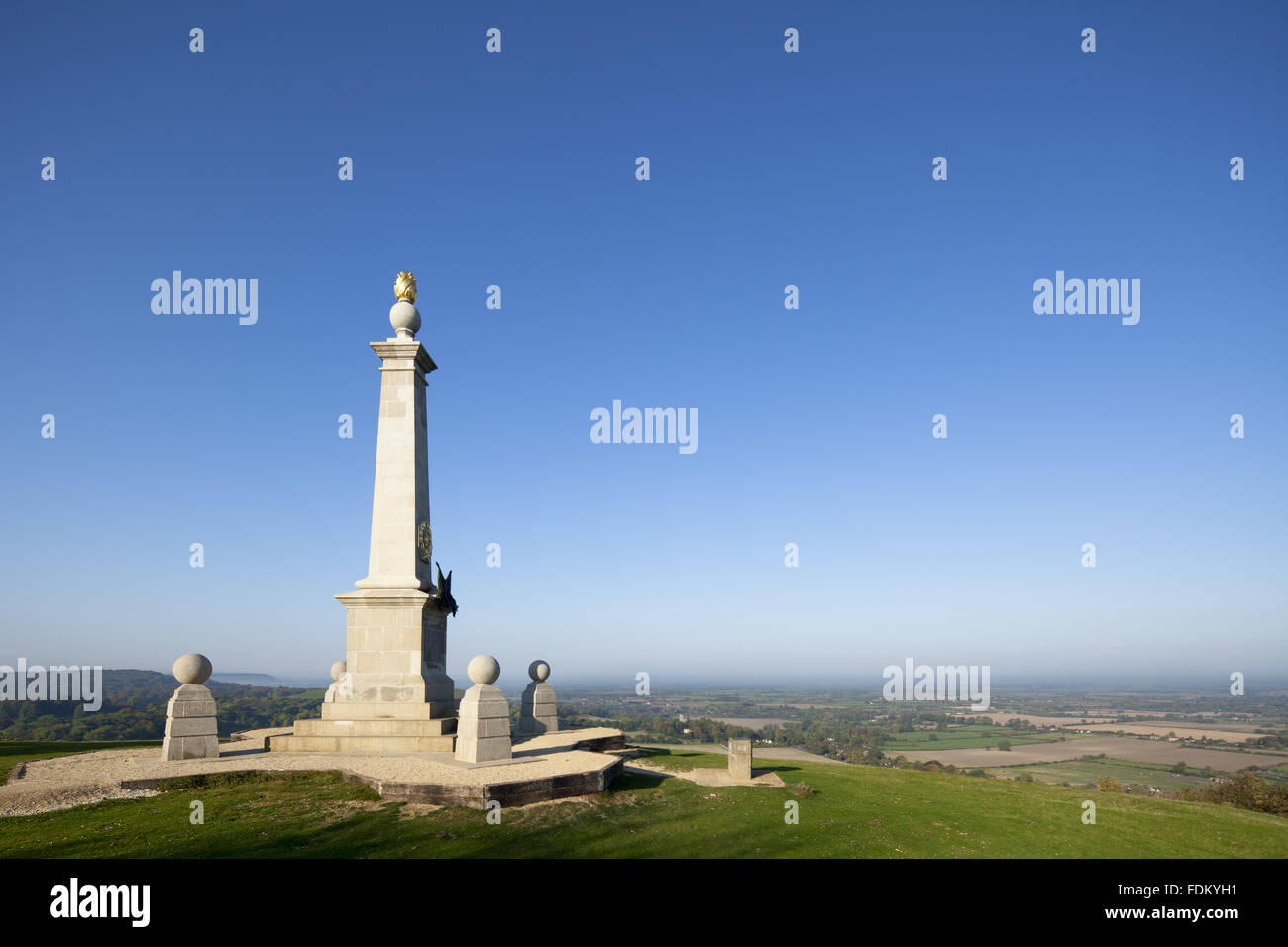 Boer War monument (not National Trust) and view north from Coombe Hill, Buckinghamshire, in September. The monument is owned by Buckinghamshire County Council. Stock Photo