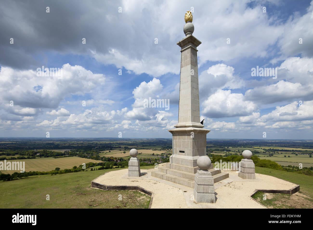 Boer War monument (not National Trust), and view north from Coombe Hill, Buckinghamshire, in July. The monument is owned by Buckinghamshire County Council. Stock Photo